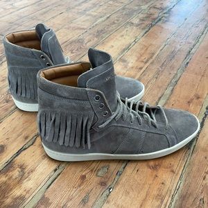 Saint Laurent Grey Suede High Top Sneakers with Fringe Trim Accent